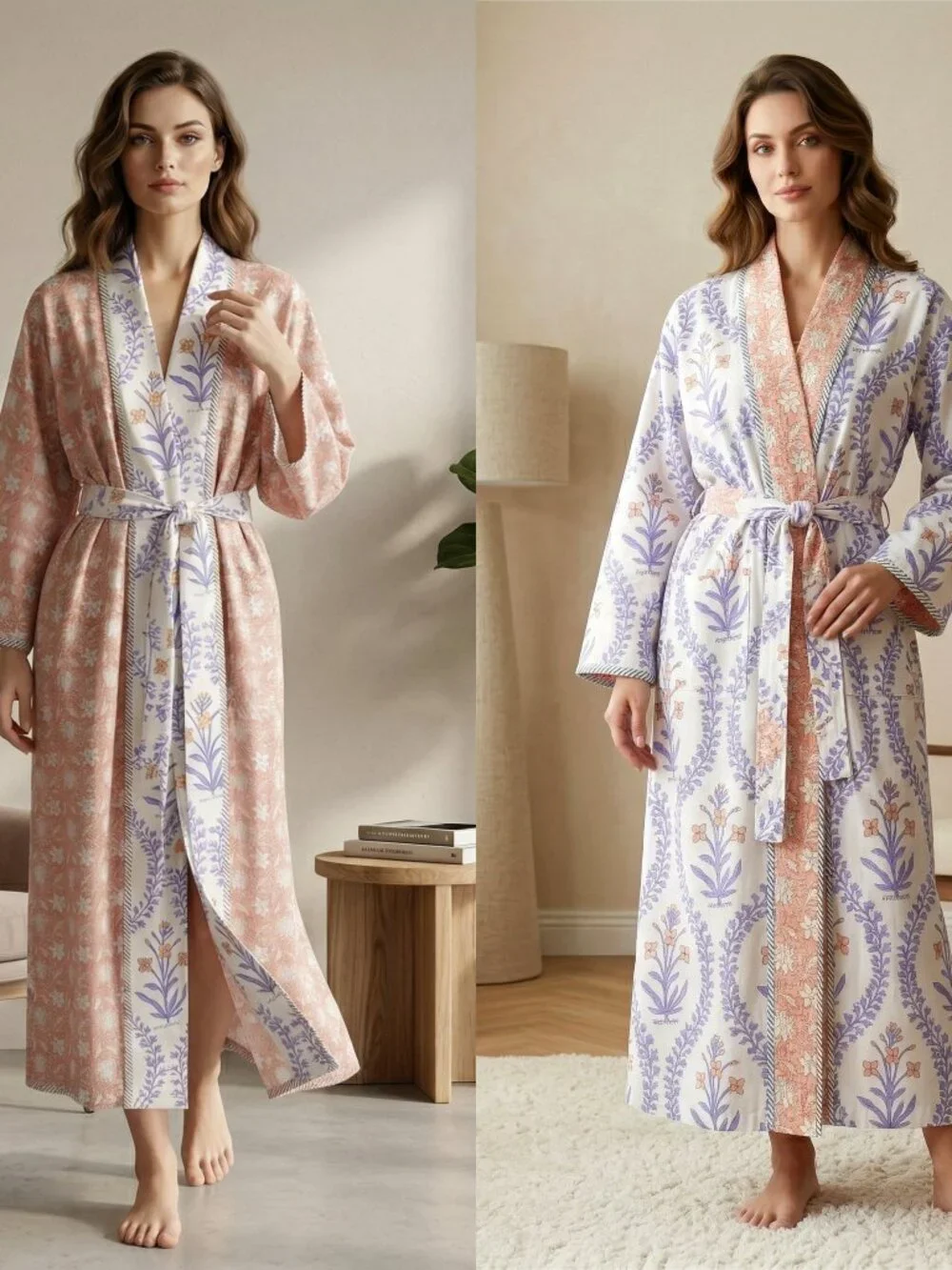 Reversible Cotton Kimono Robe, Hand Block Print Bathrobe, Floral Quilted for Her